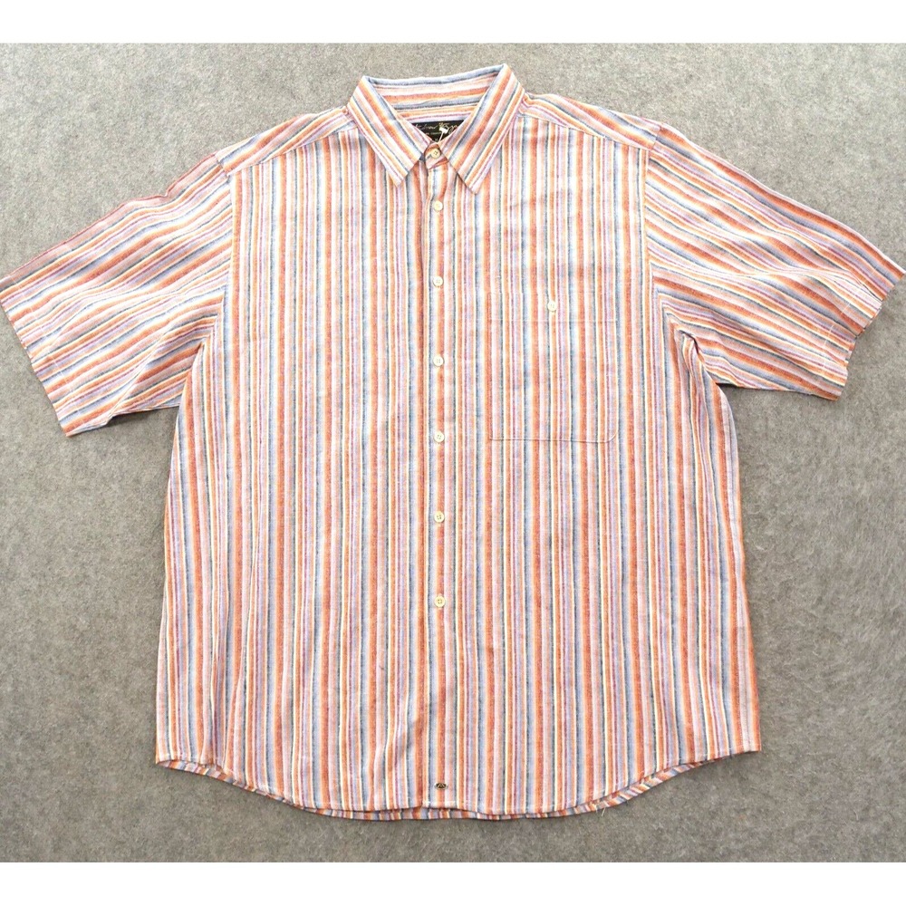 Andrew Fezza Shirt Mens Extra Large Red Blue Button Up Linen Short Sleeve